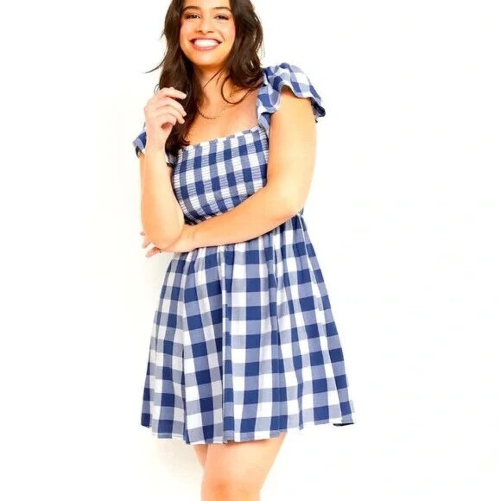NWT Old Navy Blue Gingham Smocked Fit & Flare Flutter Sleeve Mini Dress